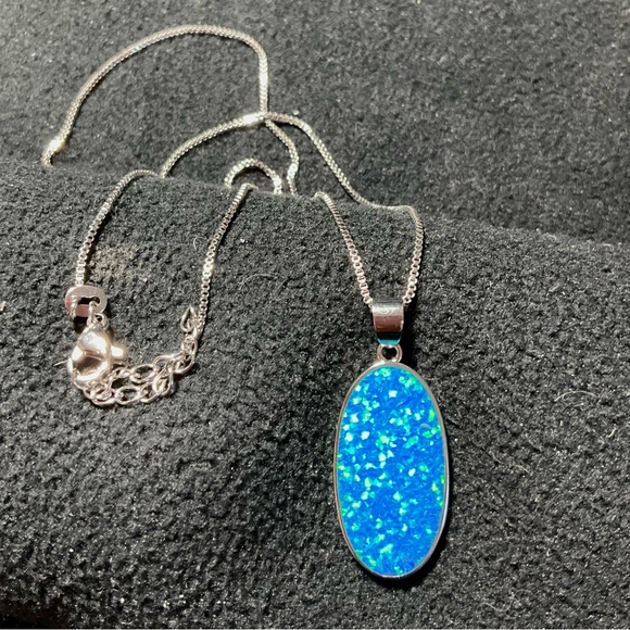 Blue Fire Opal Doublet Pendant Necklace Stainless Steel Chain Large Opal Pendant - Picture 6 of 6